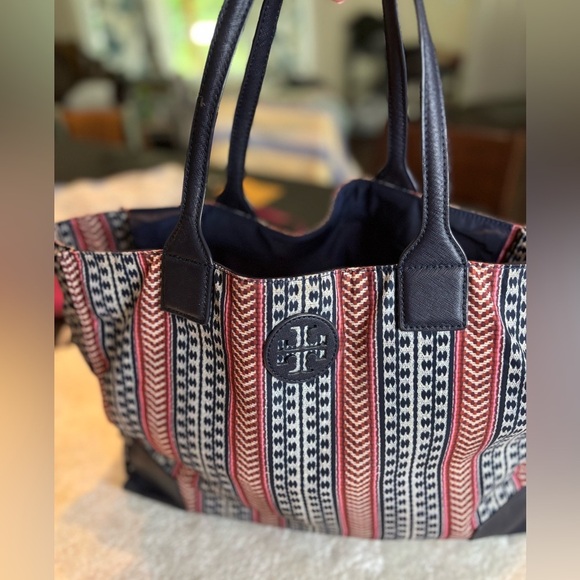TORY BURCH “Ella” Blue/ Red Vertical Print Packable Nylon Tote - Picture 2 of 10